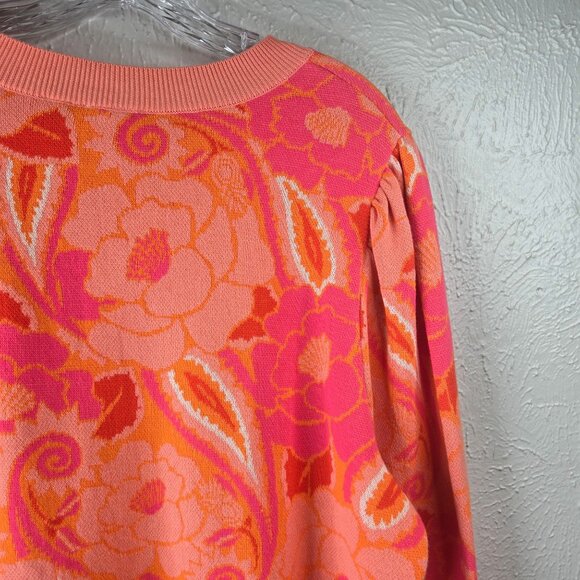 Farm Rio X Anthropologie Sweater Large Coral Paisley Floral Pullover Artsy Top - Picture 10 of 12